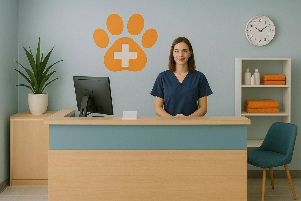 chica sonrie para una foto en la recepcion de la veterinaria