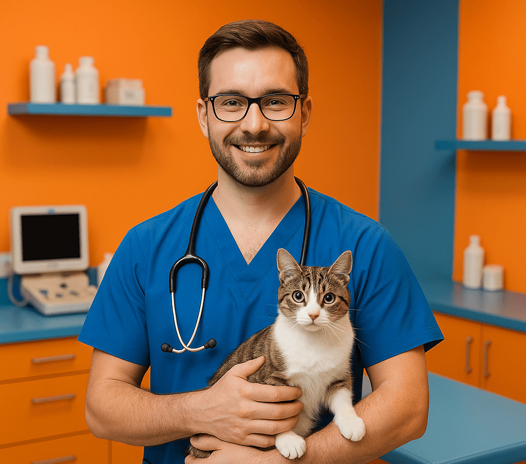 doctor sonrie mientras sostiene un gato blanco con manchas marrones 