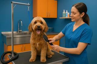 chica peina a un perrito marron sobre la mesa de peluqueria