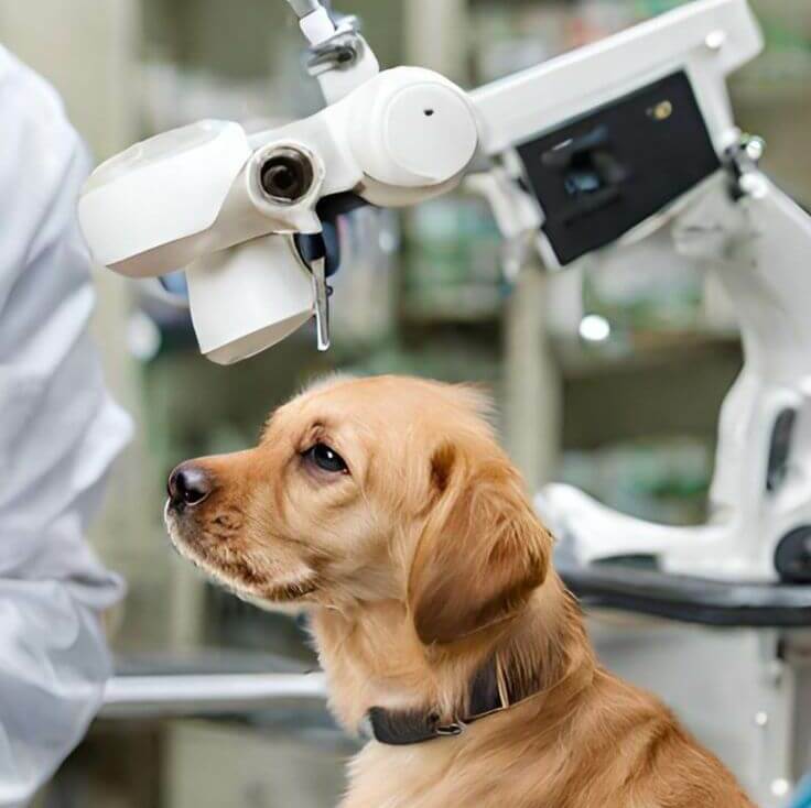 cachorro de raza golden sentado mientras lo examinan